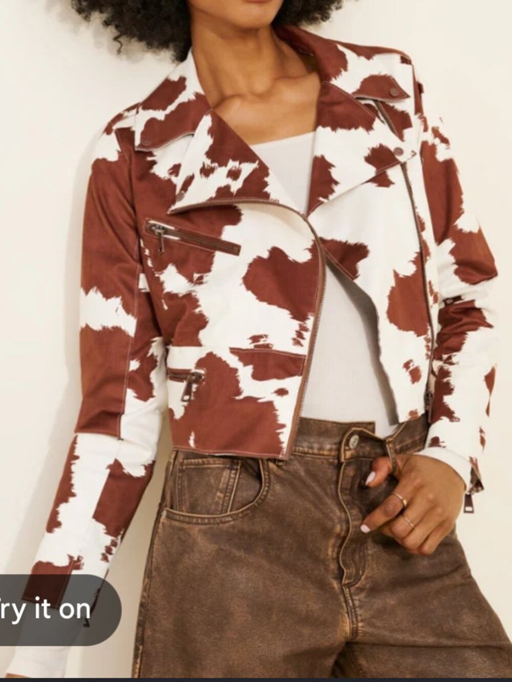 new HUTCH ANTHROPOLOGIE cow print vegan suede moto jacket L large